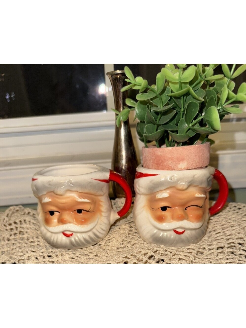 Lot (2) Vintage Santa Claus Face Cups Mugs